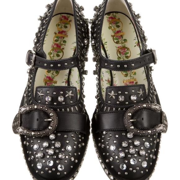 GUCCI Crystal Embellished Leather Floral Print Oxfords US8 IT 36.5 - Picture 3 of 5
